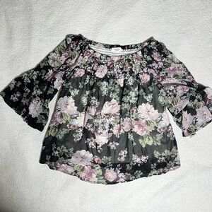 Love Tree Floral Pink/Mauve/Black colors Smocked/Ruched Blouse Size M
